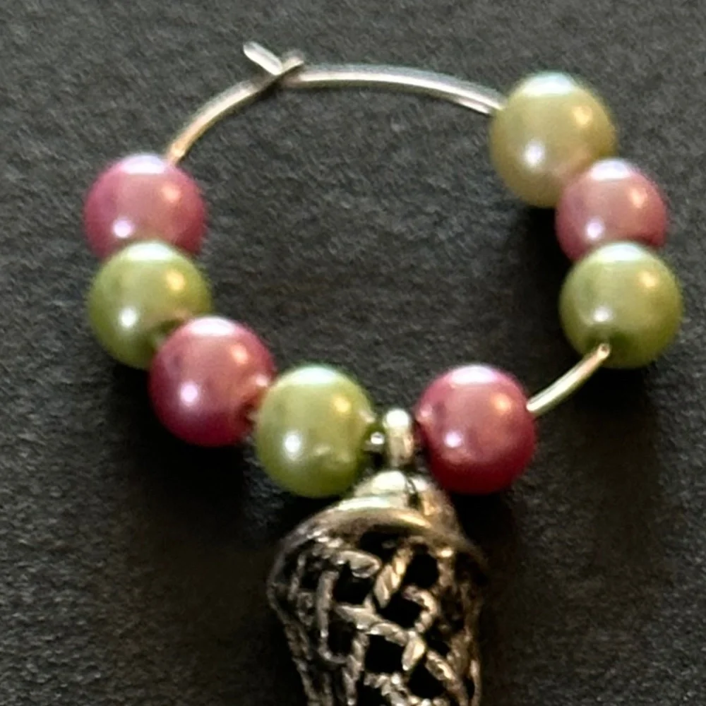 Wine glass tag, stainless steel hoop, green/pink beads, basketball charm
